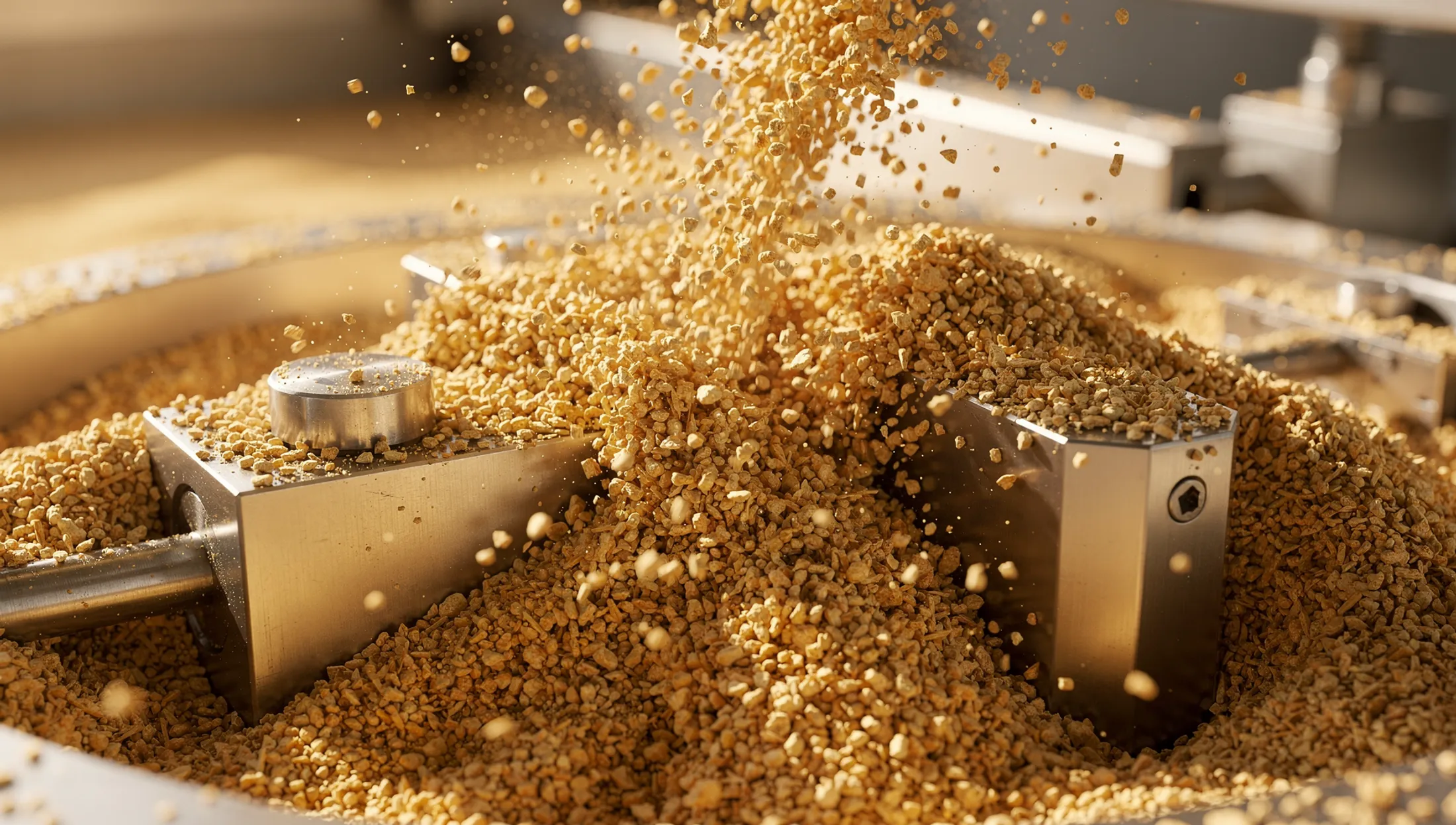 Goldenes Korkgranulat strömt in eine industrielle Pressform – aus Alt wird Neu