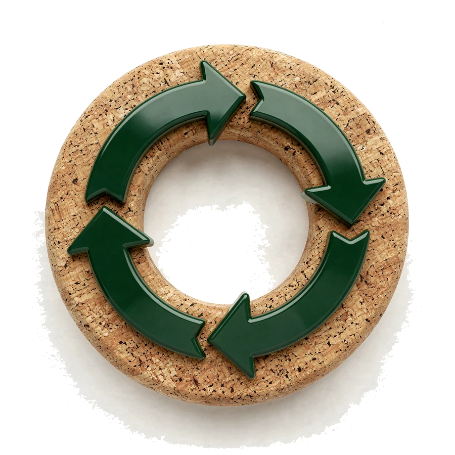 Kreislauf-Emblem: Ring aus Kork mit umlaufenden grünen Pfeilen